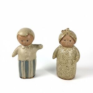 Vintage FF Japan Salt Pepper Shakers Speckled Ceramic Boy Girl Figures Blue Tan